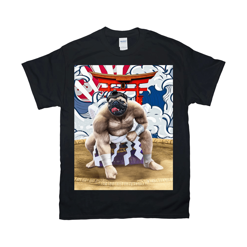 Black Gildan t-shirt with a pug sumo wrestler design in a ring, featuring a red torii gate and waves.