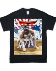 Black Gildan t-shirt with a pug sumo wrestler design in a ring, featuring a red torii gate and waves.