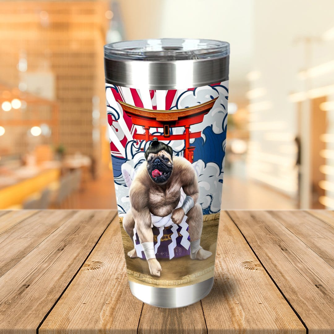 Personalized stainless steel tumbler with a custom pet portrait of a dog as a sumo wrestler.