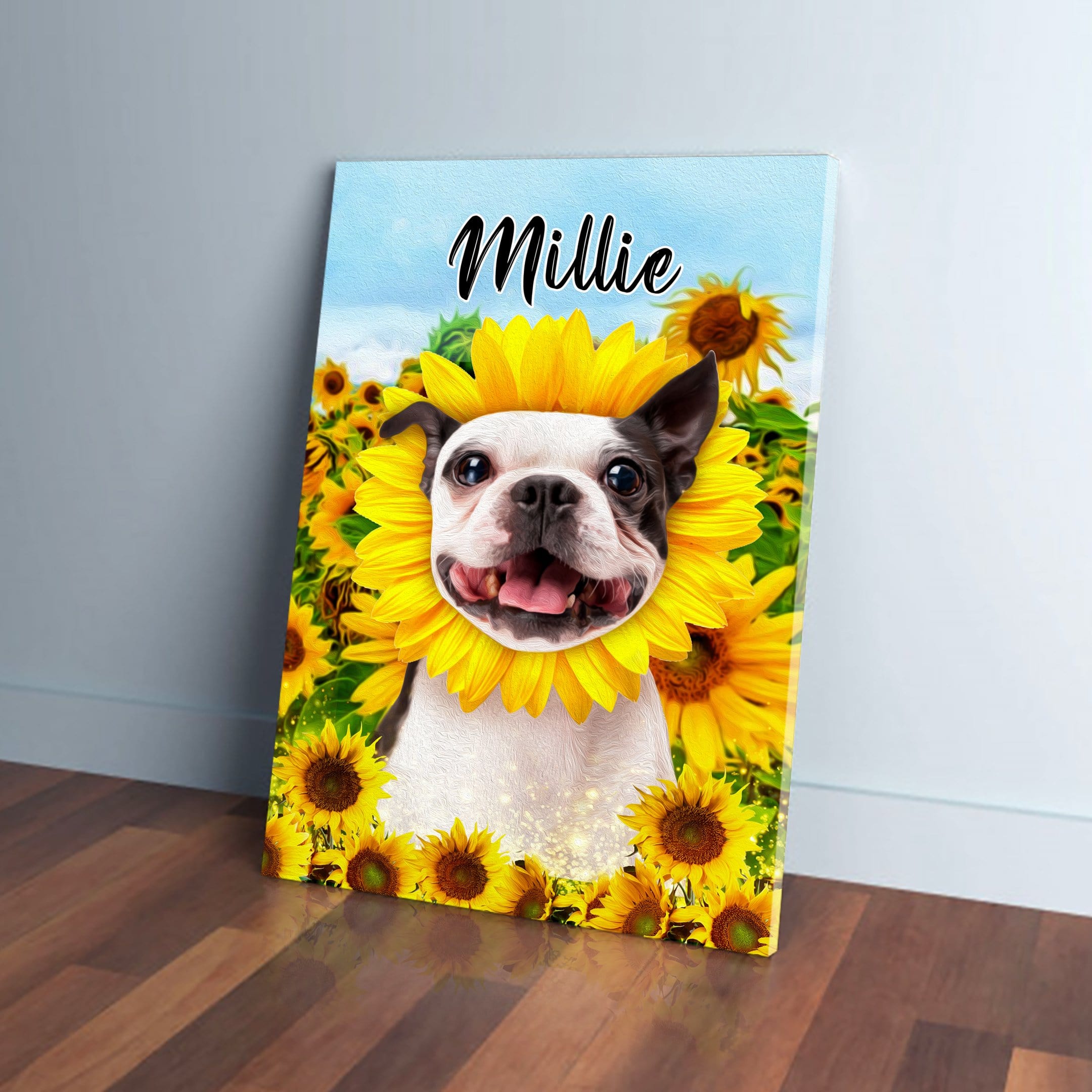 Custom pet canvas featuring a Boston Terrier in a sunflower field with "Millie" written above.