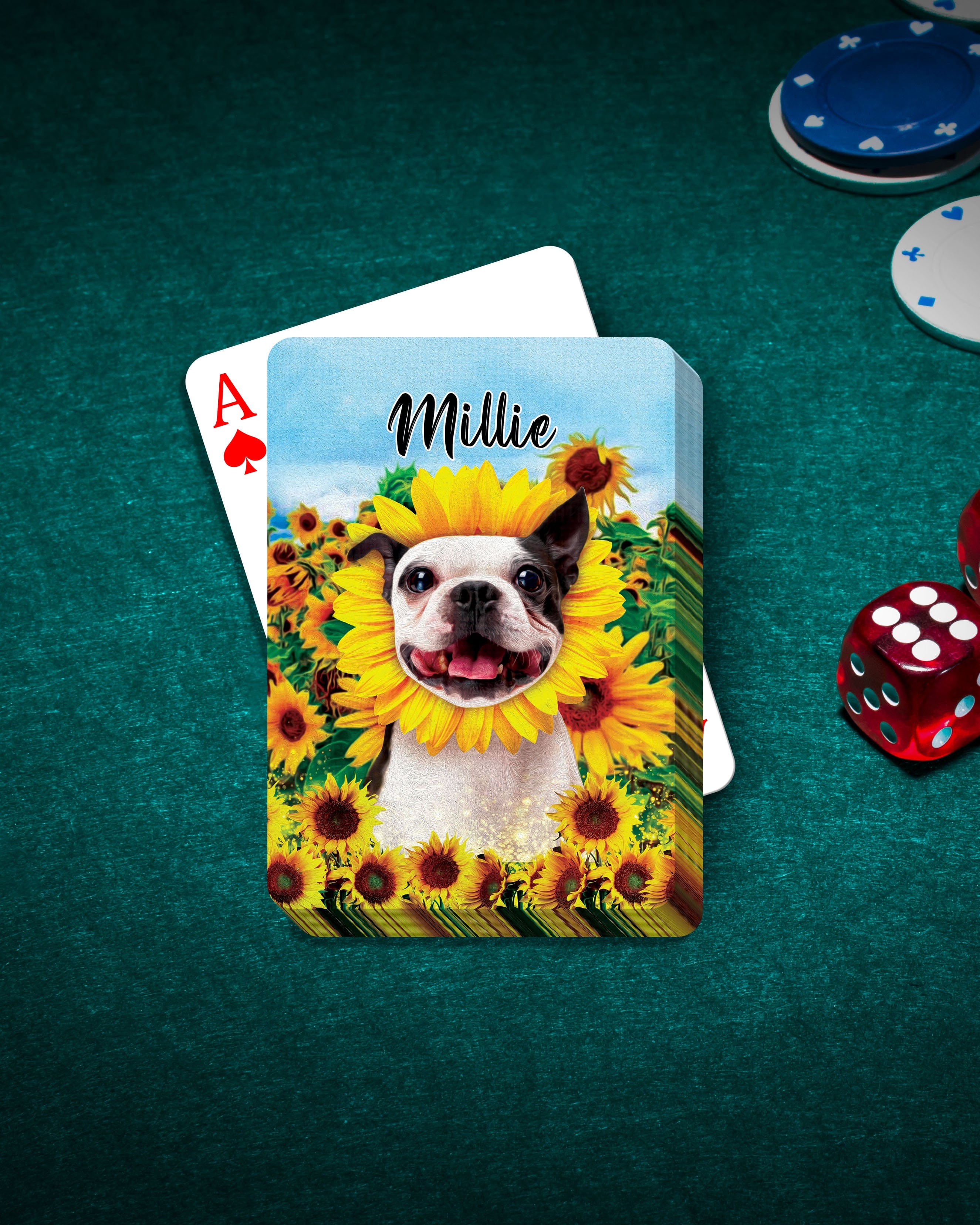 Personalized playing cards featuring a Boston Terrier dog portrait in a sunflower field.