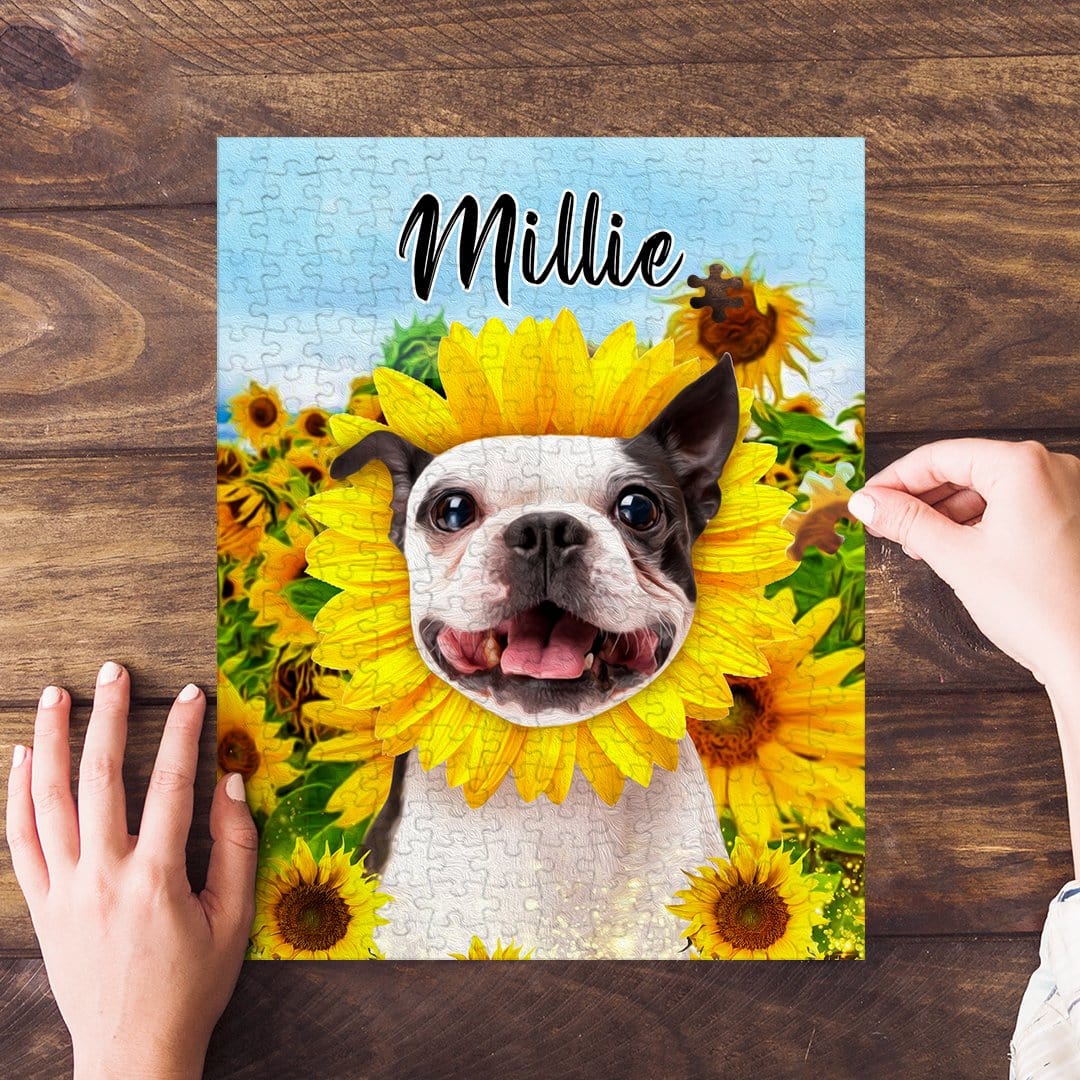 Personalized pet puzzle featuring a Boston Terrier in a sunflower field, named Millie.