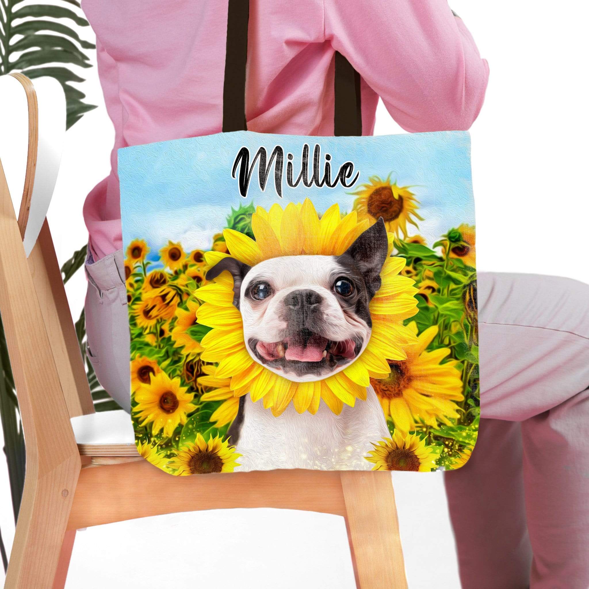 Personalized tote bag with a Boston Terrier pet portrait in a sunflower field, named "Millie".