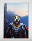 Personalized Super Dog poster featuring a brown and white dog's head on a superhero body with a red cape, against a city skyline.