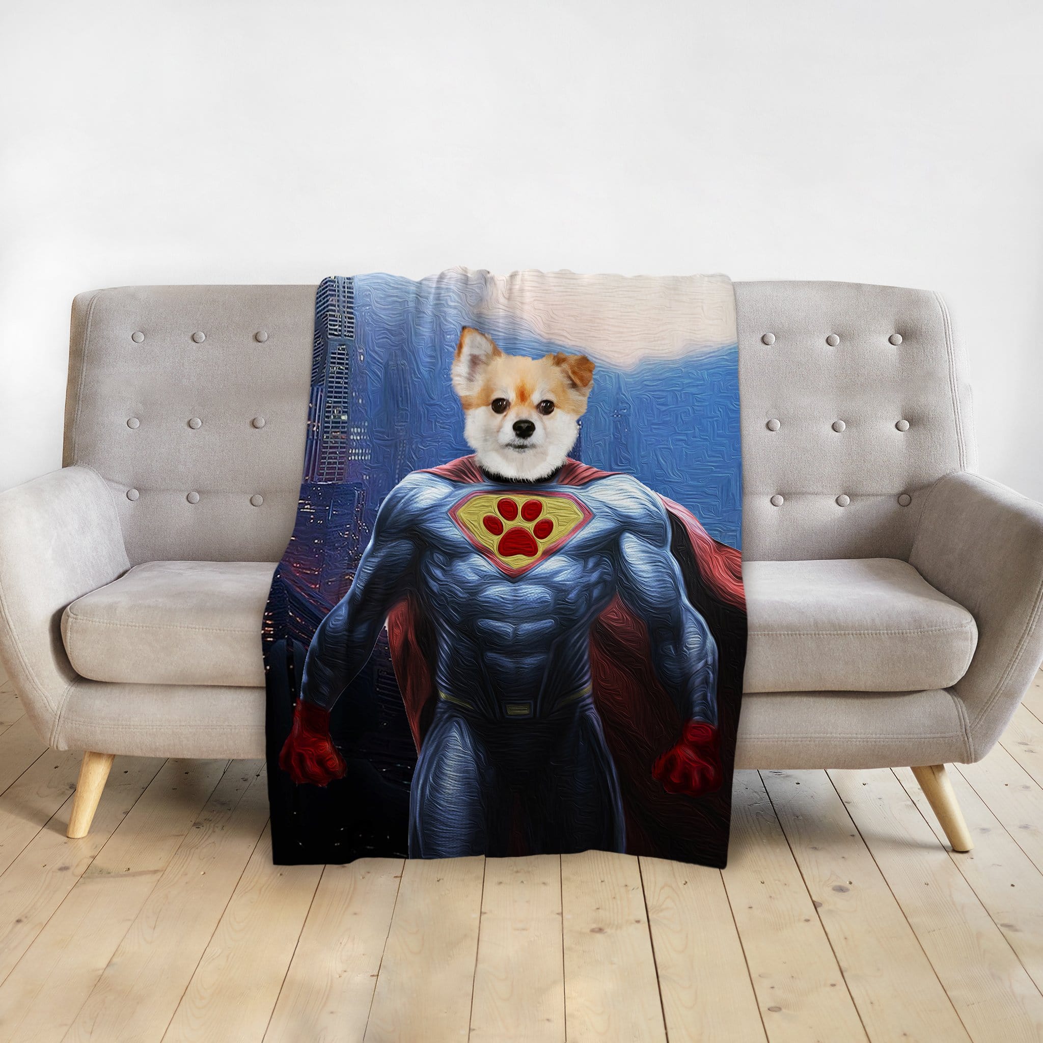Personalized pet blanket featuring a dog in a superhero portrait against a city backdrop.