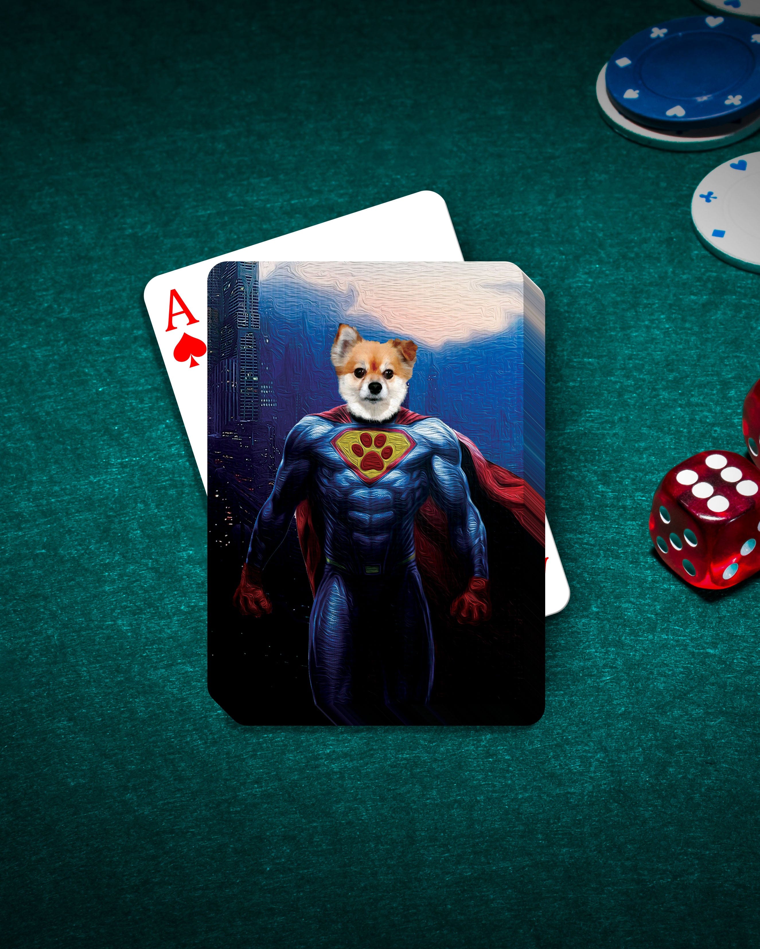 Personalized 'Superdog' playing card featuring a small dog in a superhero costume, on a green felt table with poker chips and dice.