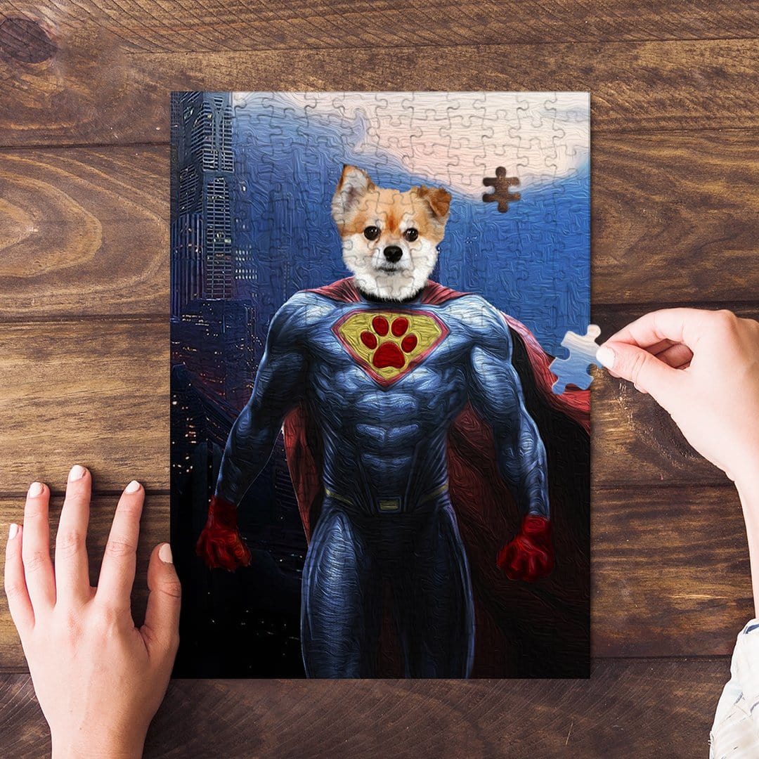 Personalized Superdog pet puzzle featuring a dog's head on a superhero body, being assembled on wood.