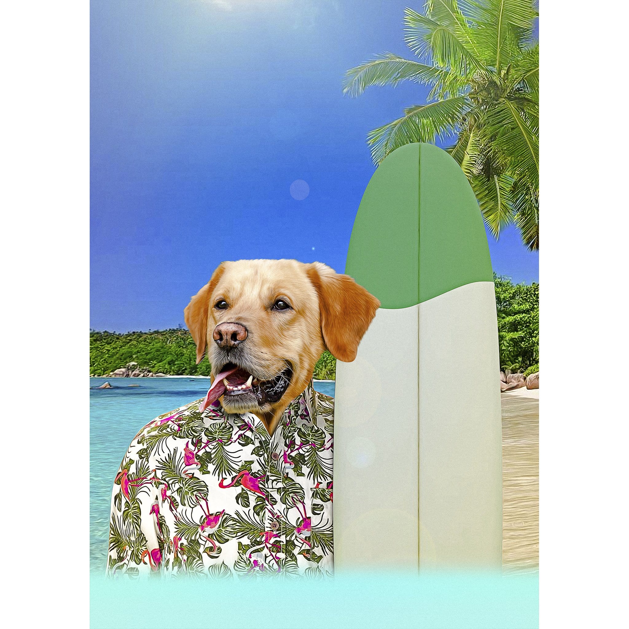 Custom digital portrait of a golden retriever dog in a Hawaiian shirt next to a surfboard on a beach.