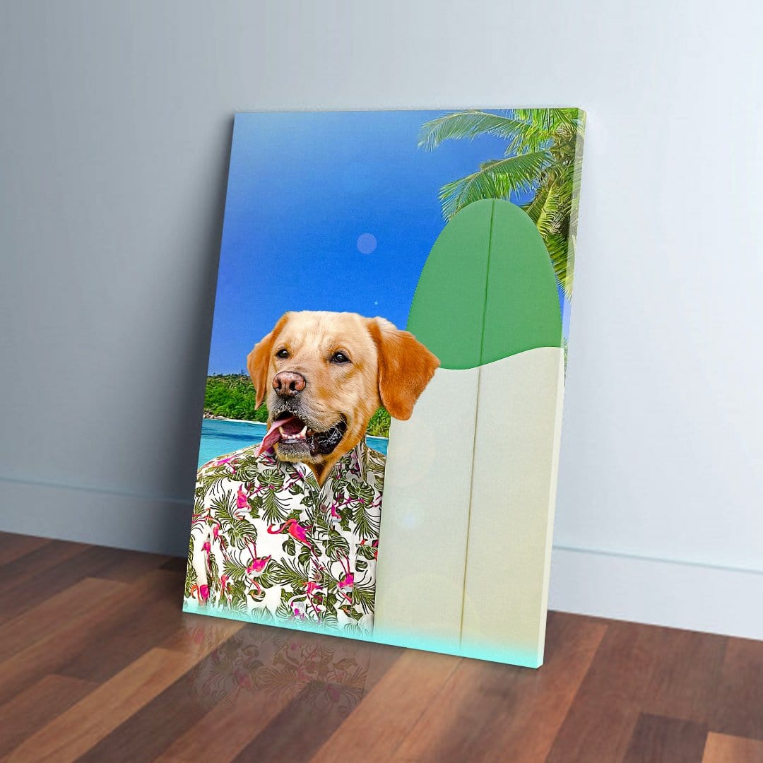 Custom pet canvas featuring a golden retriever in a floral shirt on a tropical beach with a surfboard.