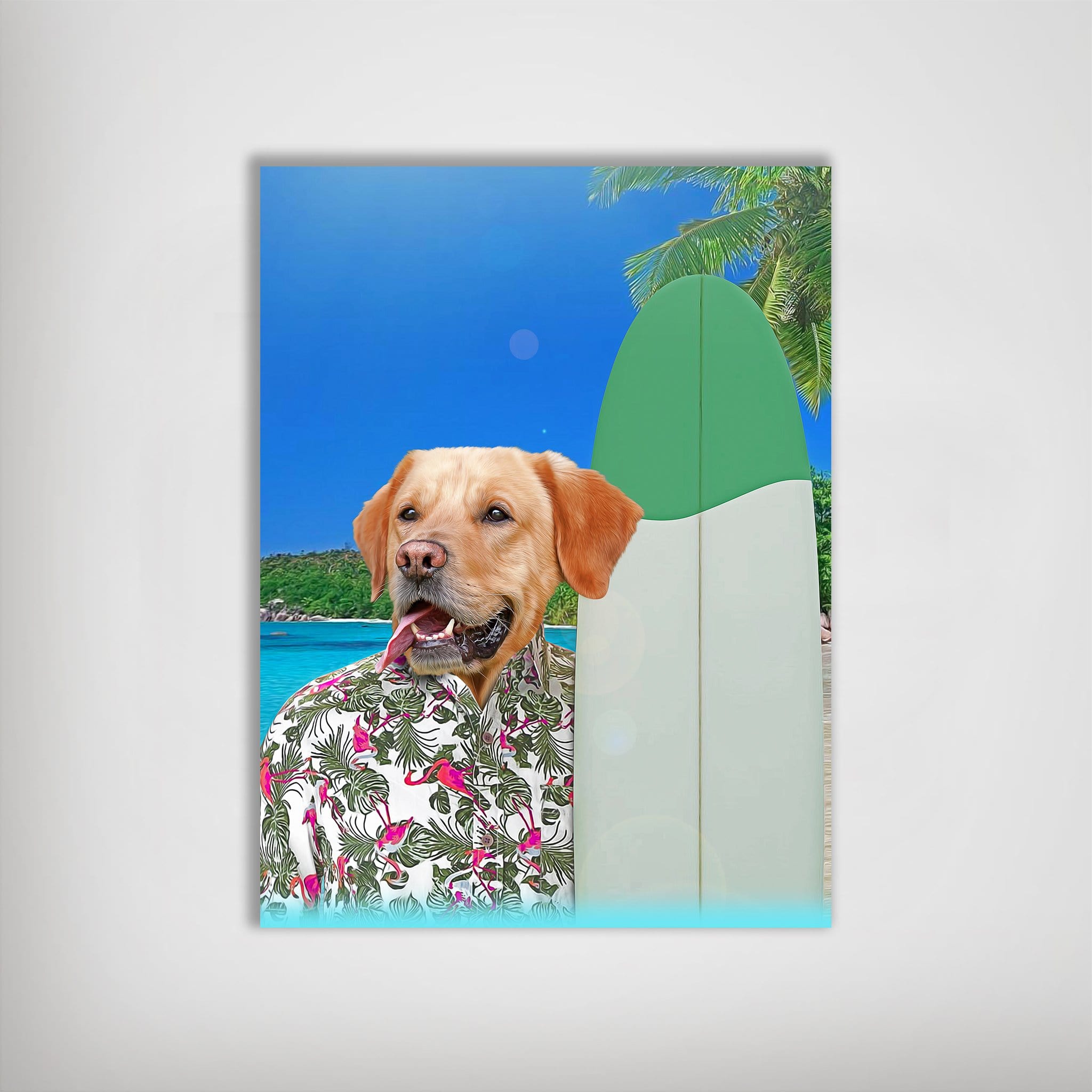 Personalized Surfer Pet Poster: Golden Retriever in a flamingo shirt with a surfboard on a tropical beach.