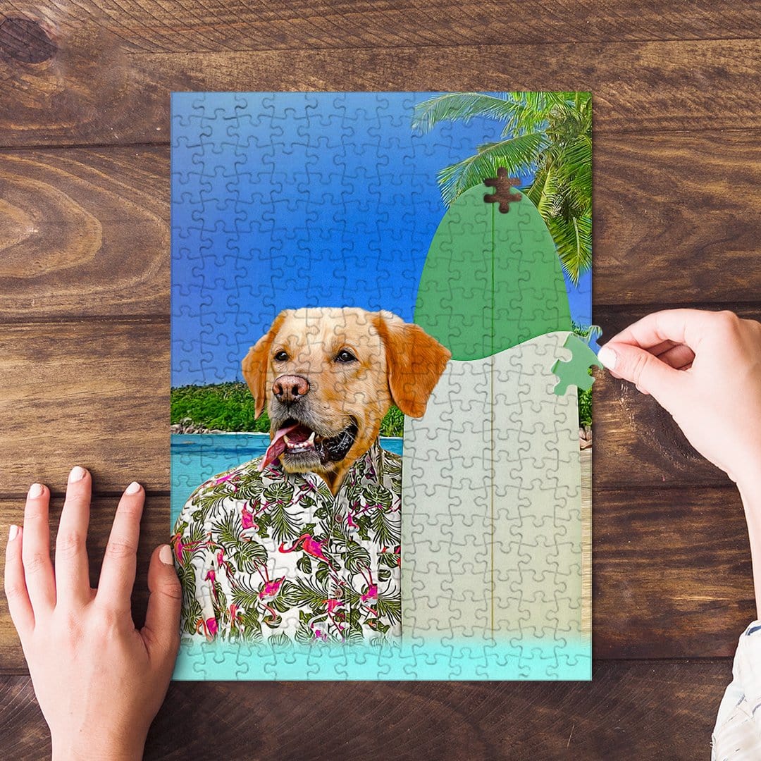 Personalized 'The Surfer' pet puzzle featuring a golden retriever in a Hawaiian shirt on a beach.