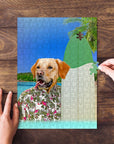Personalized 'The Surfer' pet puzzle featuring a golden retriever in a Hawaiian shirt on a beach.