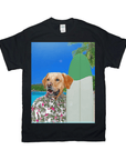 Black Gildan t-shirt featuring a golden retriever in a Hawaiian shirt with a surfboard on a beach.