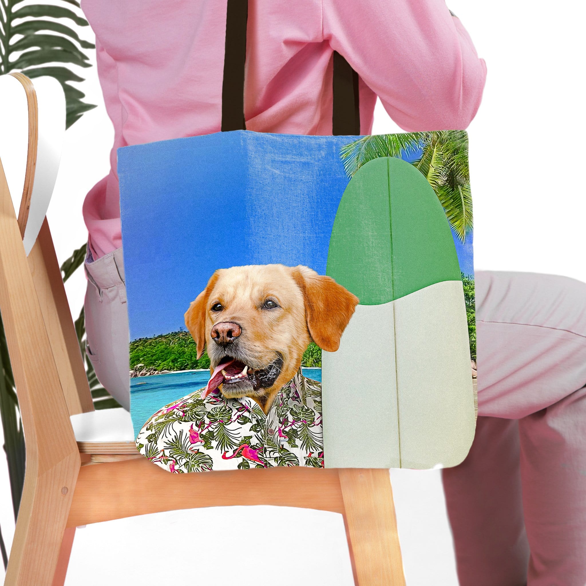 Personalized 'The Surfer' tote bag with a custom pet portrait of a dog in a Hawaiian shirt.