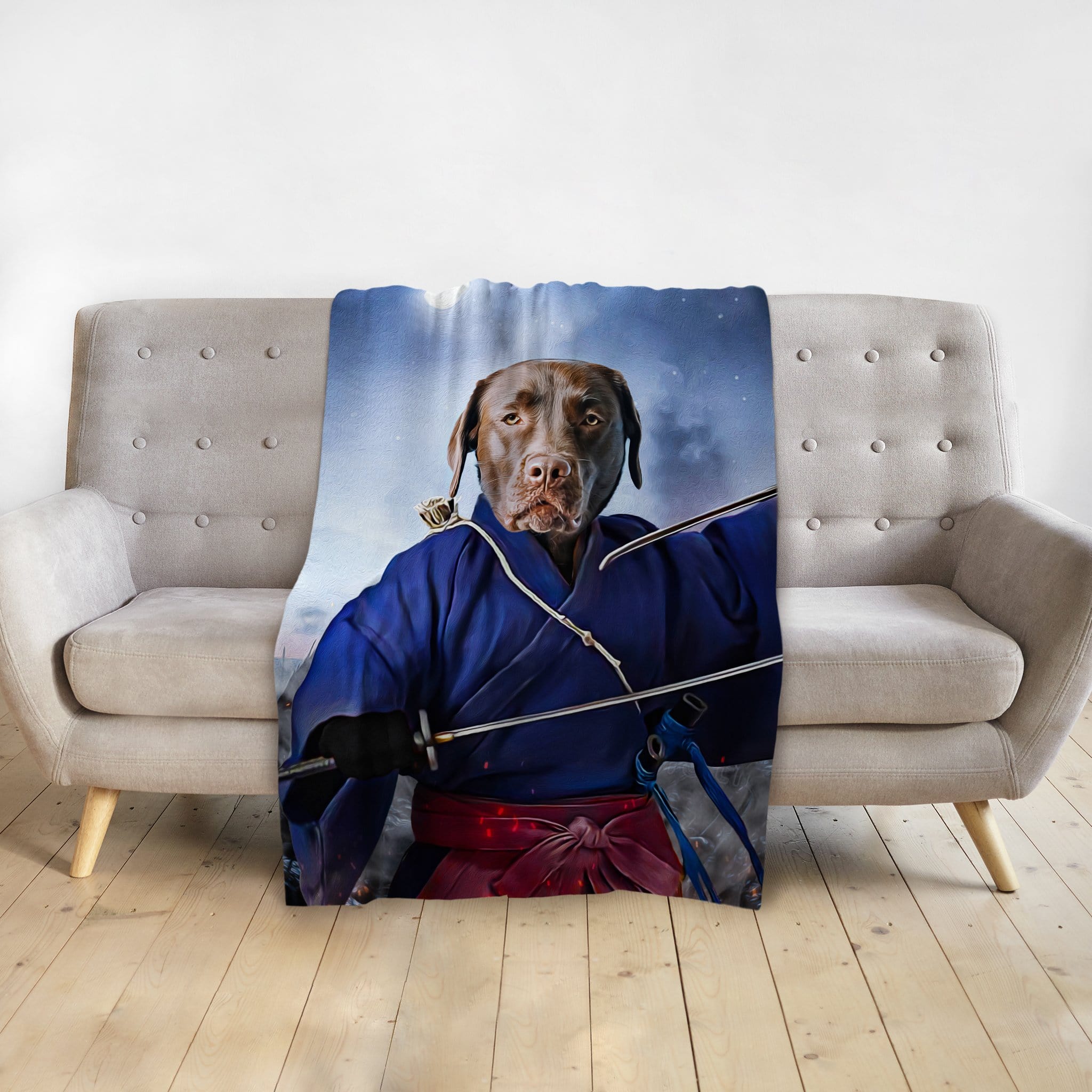 Personalized pet blanket with a chocolate lab dog portrait as a samurai warrior in a blue kimono.