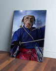 Custom pet canvas featuring a chocolate lab as a swordsman in a blue kimono and red hakama.