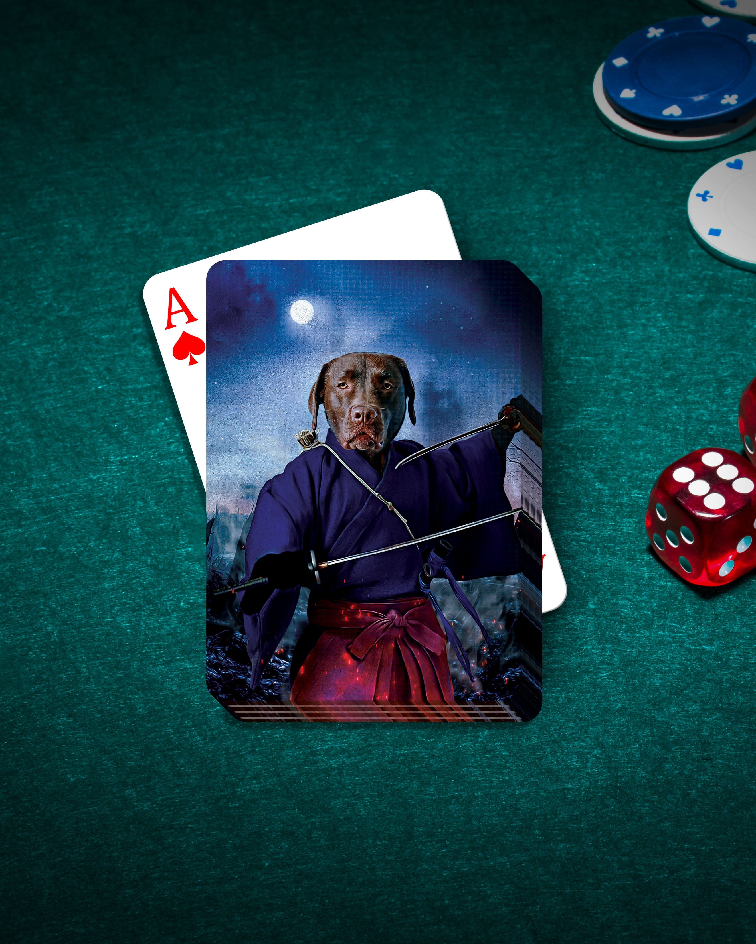 Personalized playing card featuring a chocolate lab dog in a "Swordsman" samurai portrait.