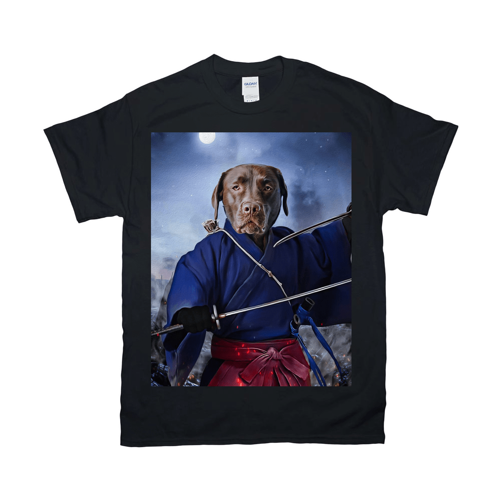 Black Gildan t-shirt with a chocolate lab in a blue samurai robe holding two katanas under a full moon.