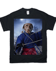 Black Gildan t-shirt with a chocolate lab in a blue samurai robe holding two katanas under a full moon.