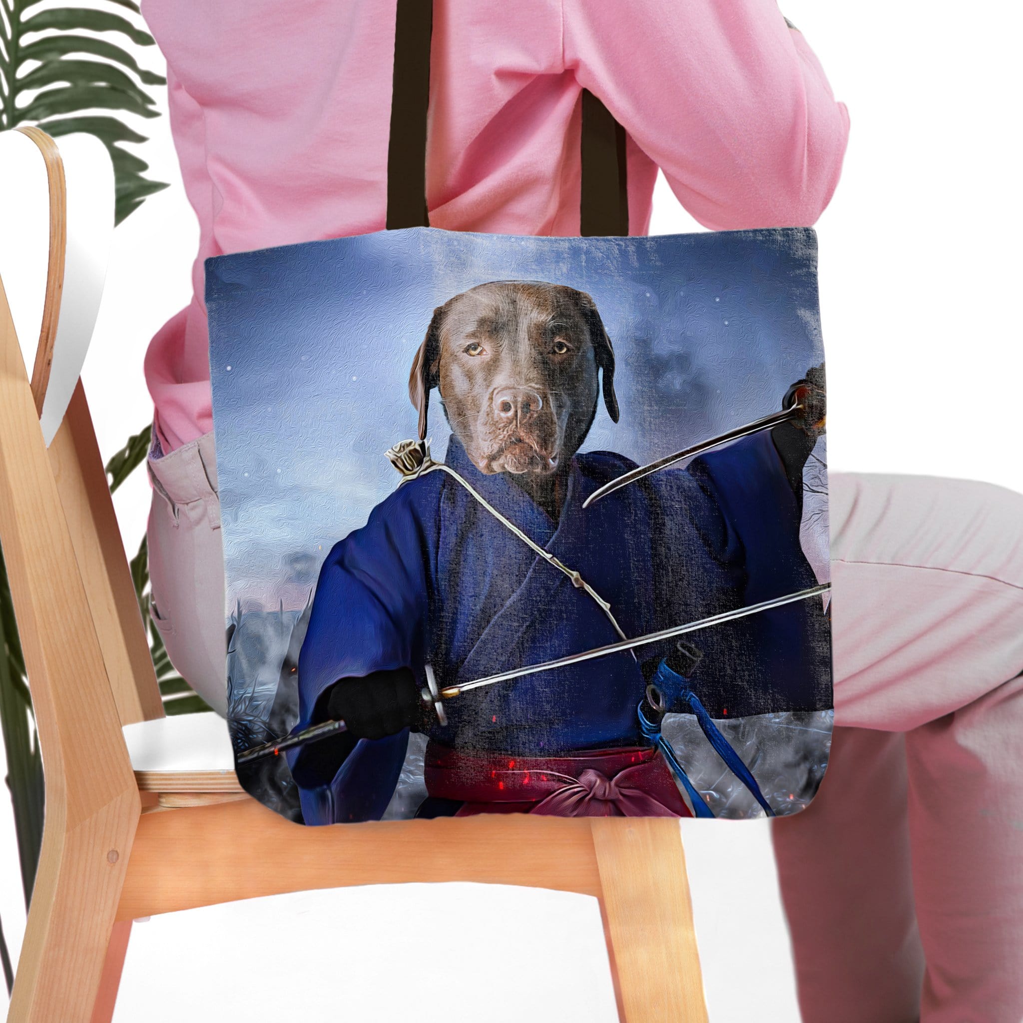 Personalized pet portrait tote bag featuring a chocolate lab dog as a samurai warrior in a blue kimono.