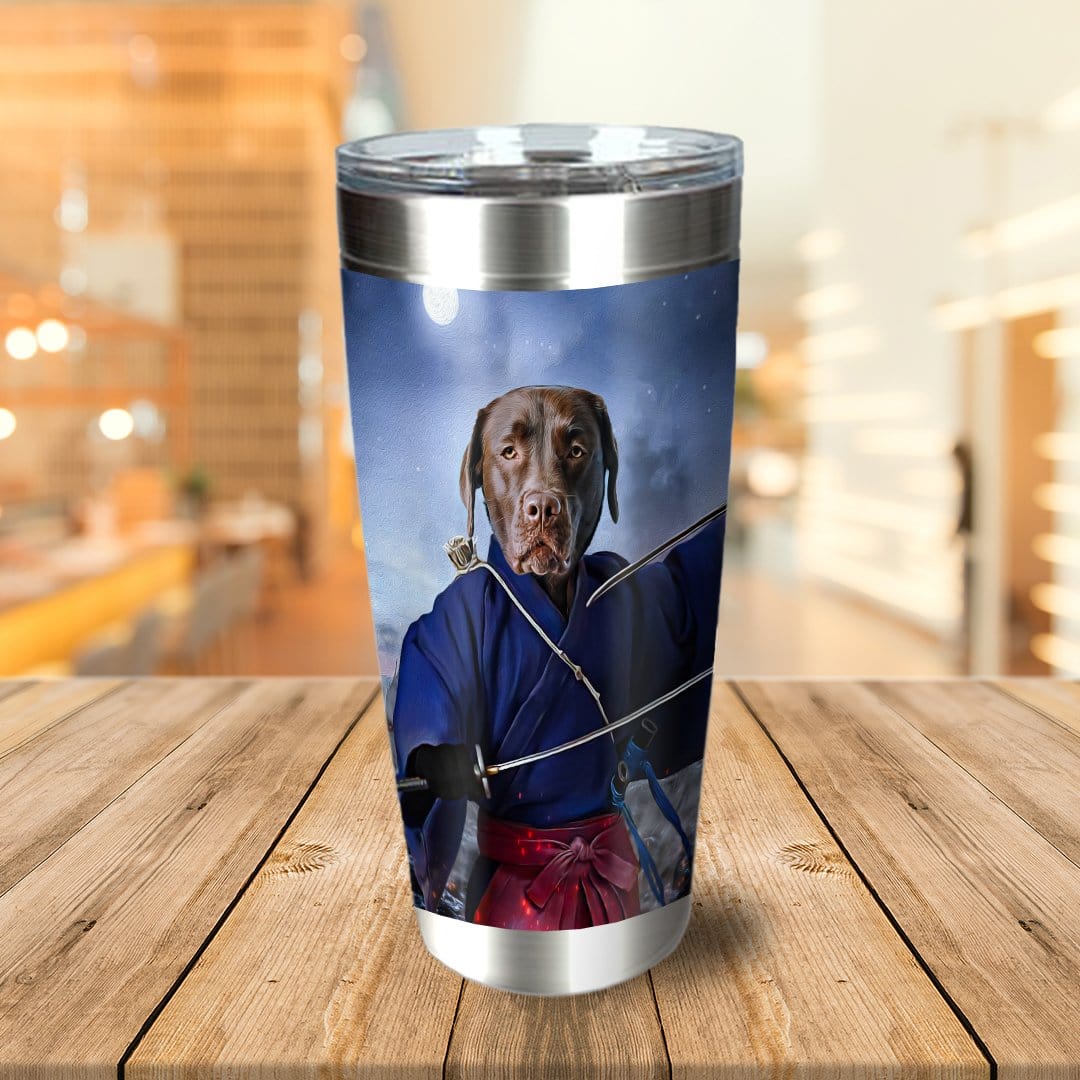 Personalized stainless steel tumbler with a custom portrait of a chocolate lab as a samurai.