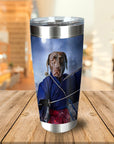 Personalized stainless steel tumbler with a custom portrait of a chocolate lab as a samurai.