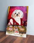 Personalized Shih Tzu pet canvas portrait as a tarot reader, wearing a red robe, with cards on a green table.