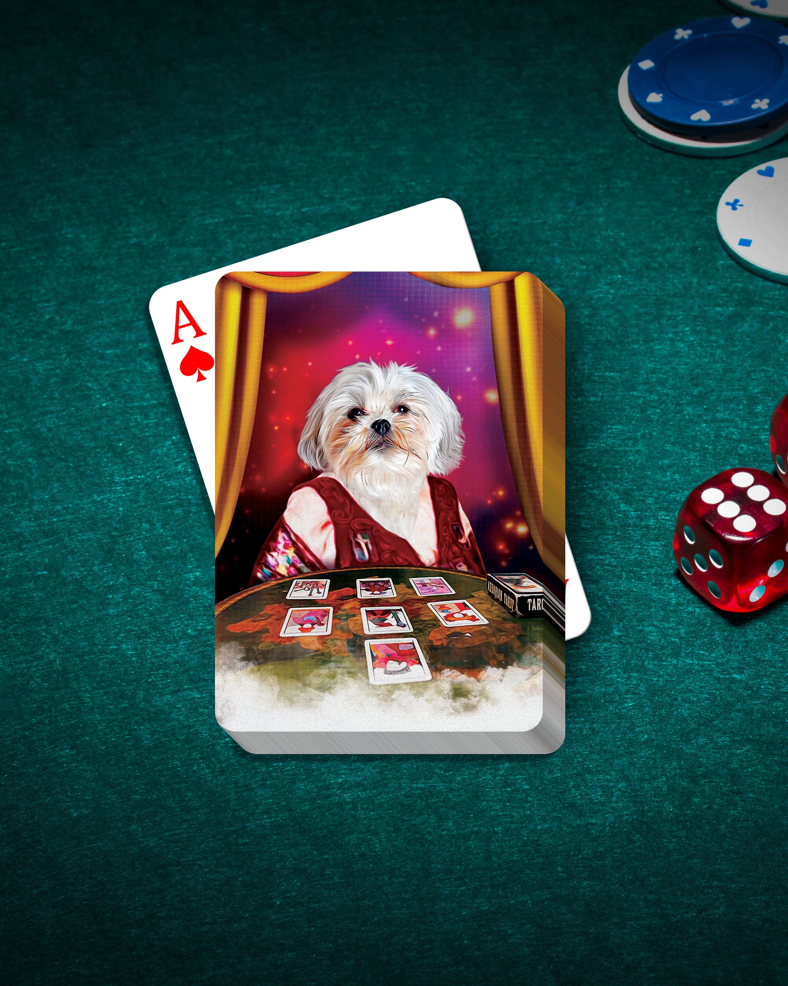 Personalized pet playing cards featuring a white dog as a tarot reader on a green poker table.