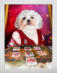 Personalized pet poster featuring a white Shih Tzu dog as a tarot reader in a red dress.