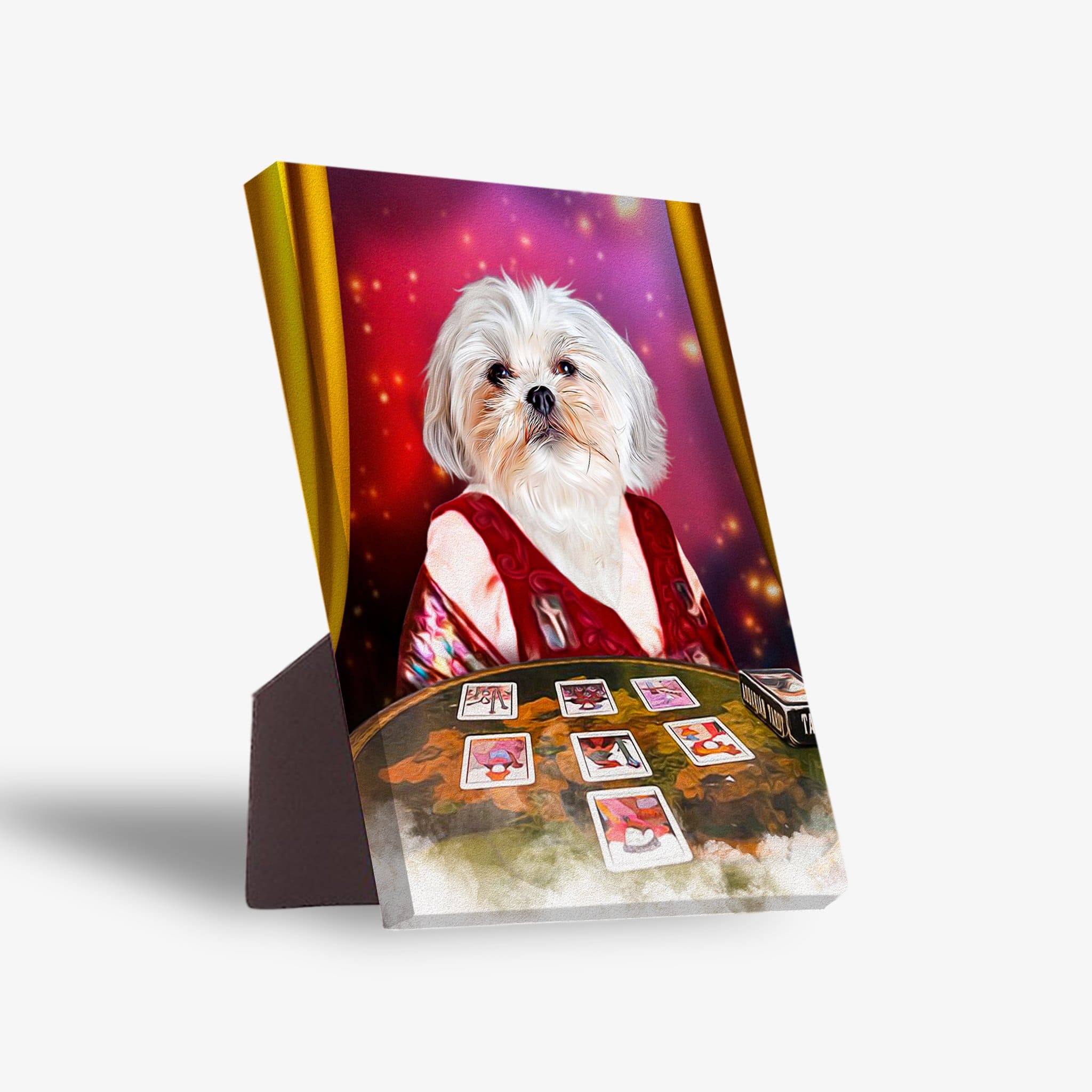 Personalized Shih Tzu pet portrait on a standing canvas, dressed as a tarot reader with cards.