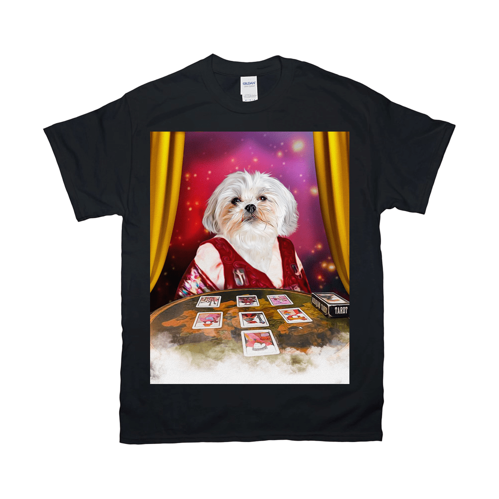 Black Gildan t-shirt featuring a personalized pet portrait of a white Shih Tzu dog as a tarot reader.