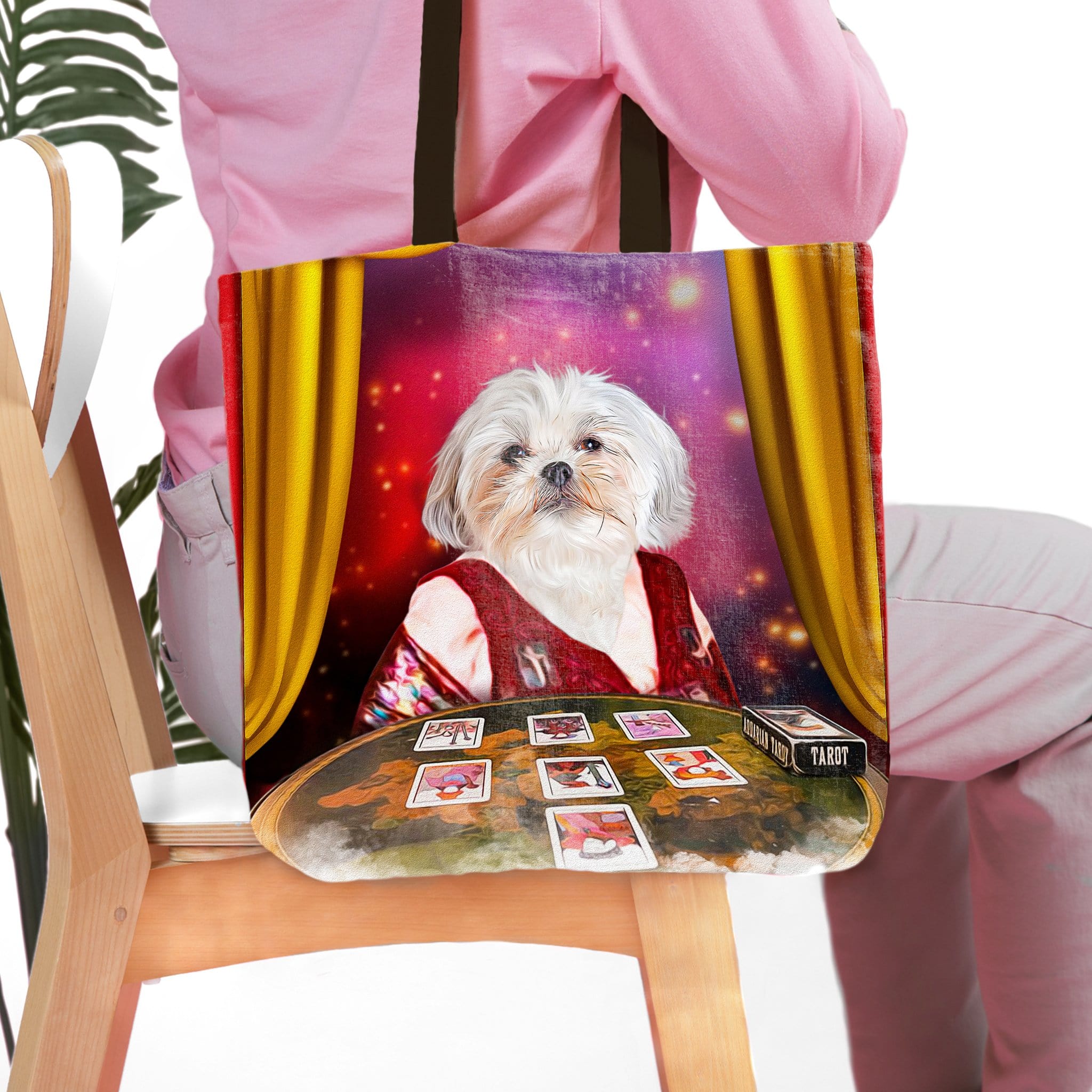 Personalized 'Tarot Reader' tote bag featuring a custom Shih Tzu pet portrait in a tarot reading scene.