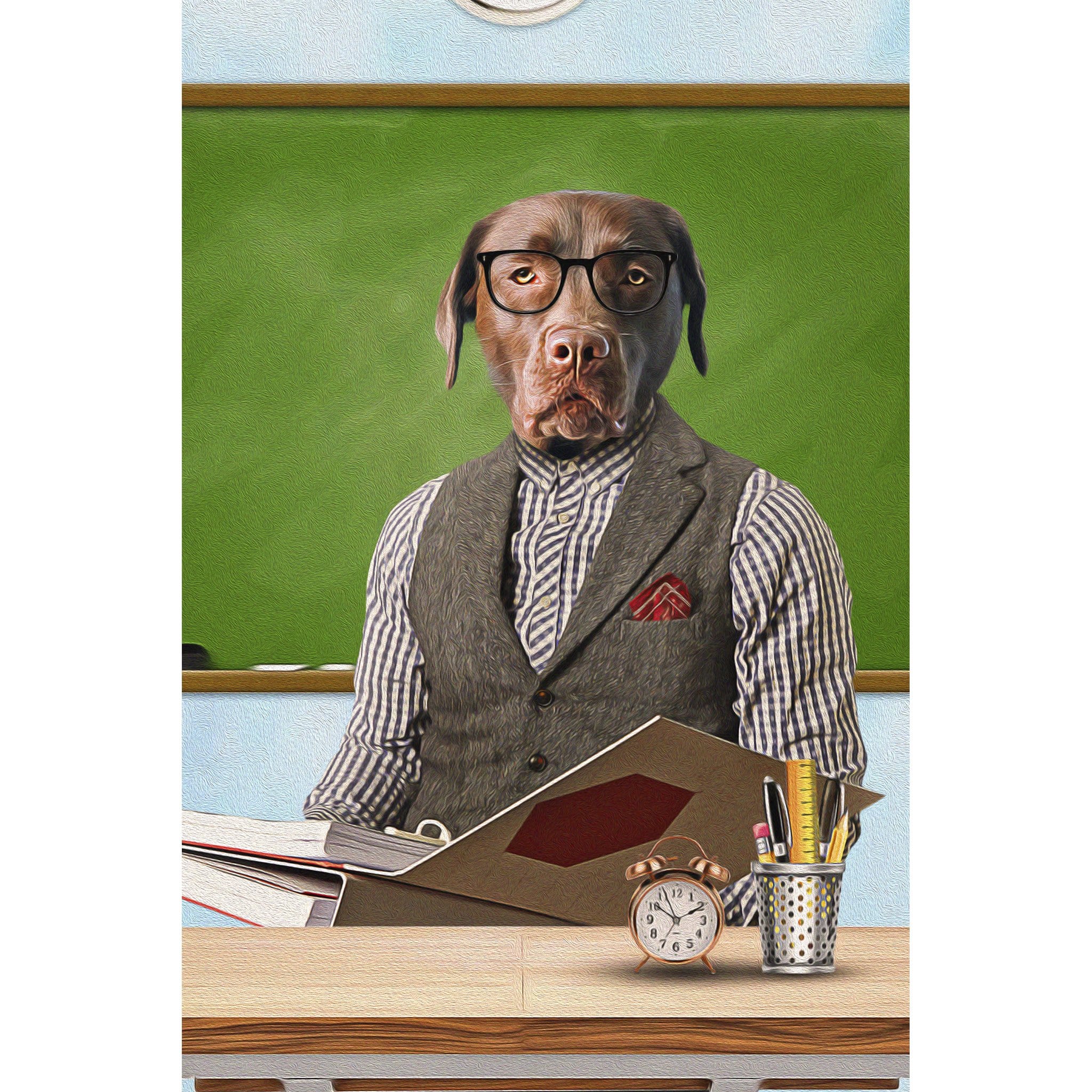 Custom digital portrait of a chocolate lab dog dressed as a teacher, wearing glasses and a vest, in front of a green chalkboard.