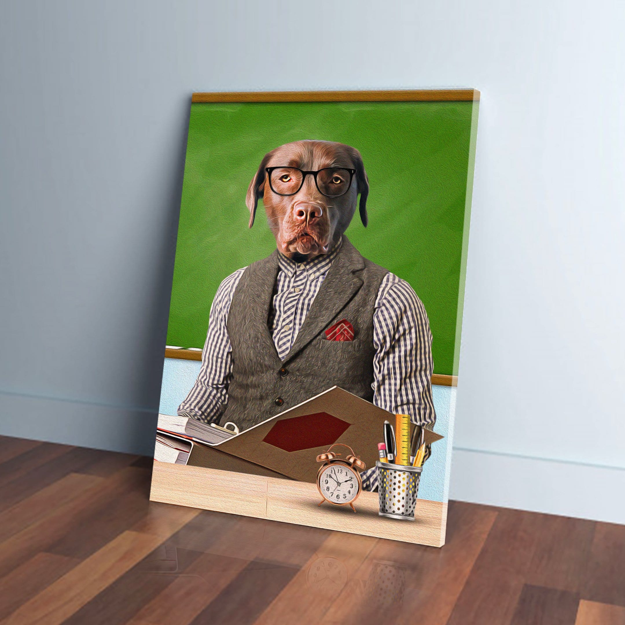 Personalized pet canvas featuring a brown dog dressed as a teacher with glasses, vest, and striped shirt.