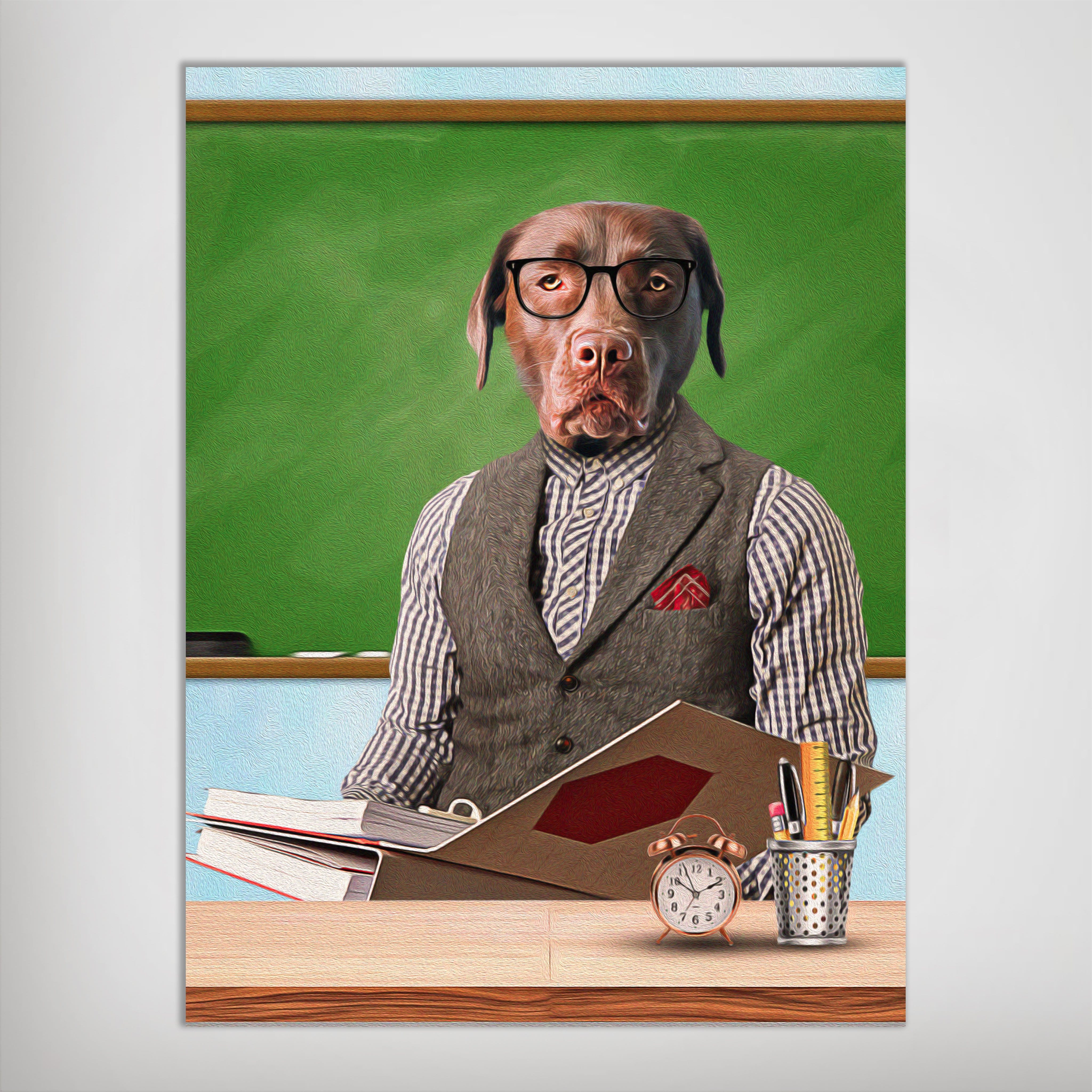Personalized pet poster featuring a chocolate lab dressed as a teacher, wearing glasses and a vest, in front of a green chalkboard.