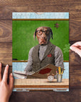 Personalized pet puzzle featuring a dog in a teacher's outfit against a green chalkboard.