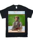 Black Gildan t-shirt with a personalized design of a chocolate lab dog dressed as a teacher in a classroom.
