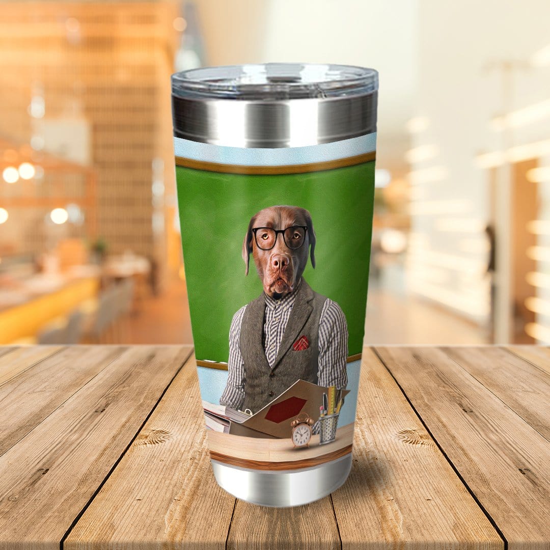 Personalized stainless steel tumbler with a custom dog portrait as "The Teacher" in a classroom setting.