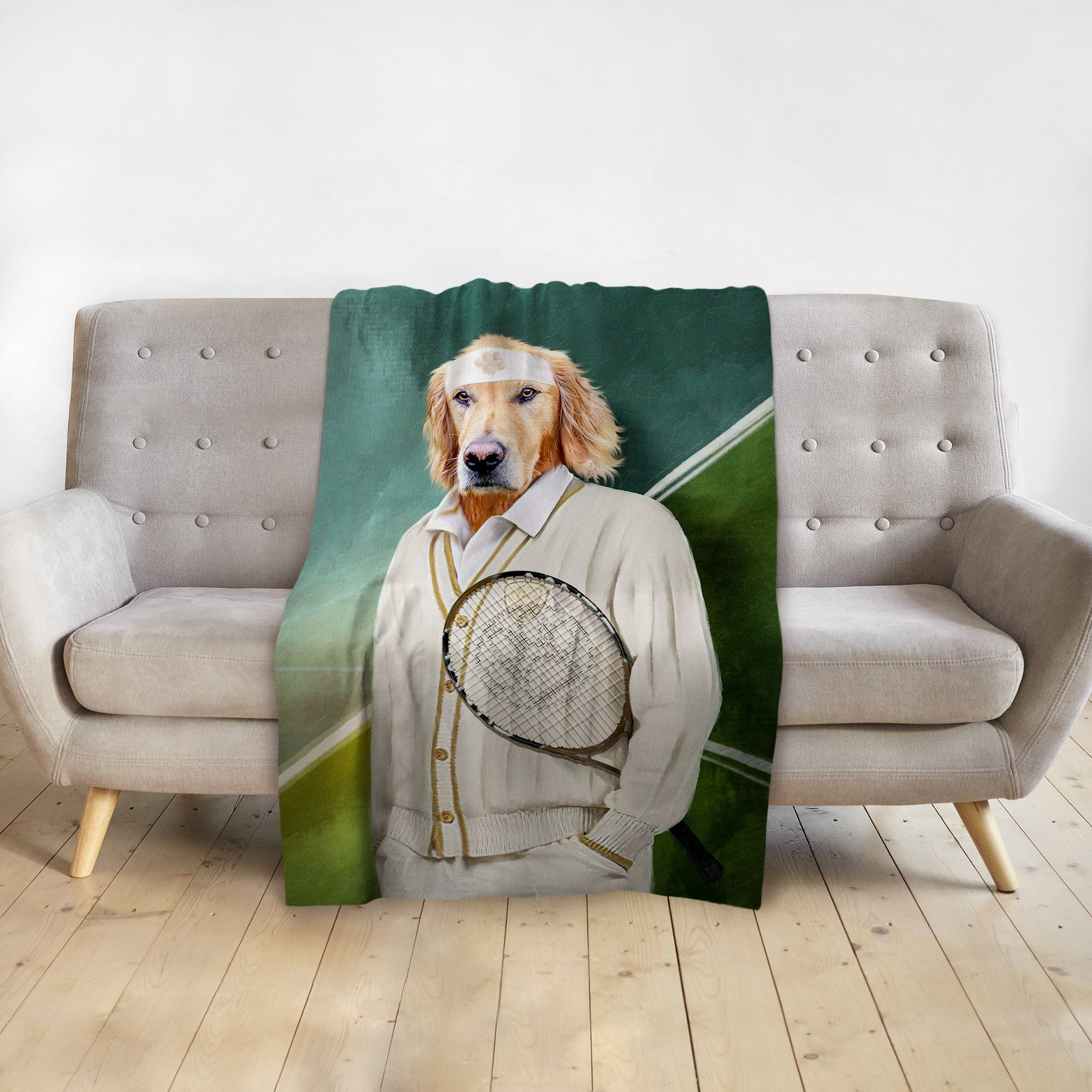 Personalized pet blanket with a golden retriever dog portrait as a tennis player.