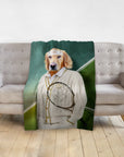 Personalized pet blanket with a golden retriever dog portrait as a tennis player.