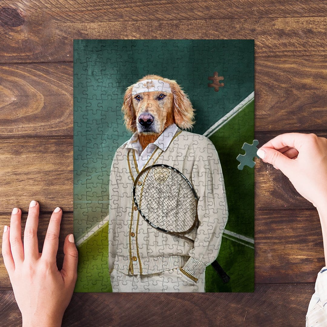 Personalized pet puzzle featuring a golden retriever in a tennis player outfit on a green court.
