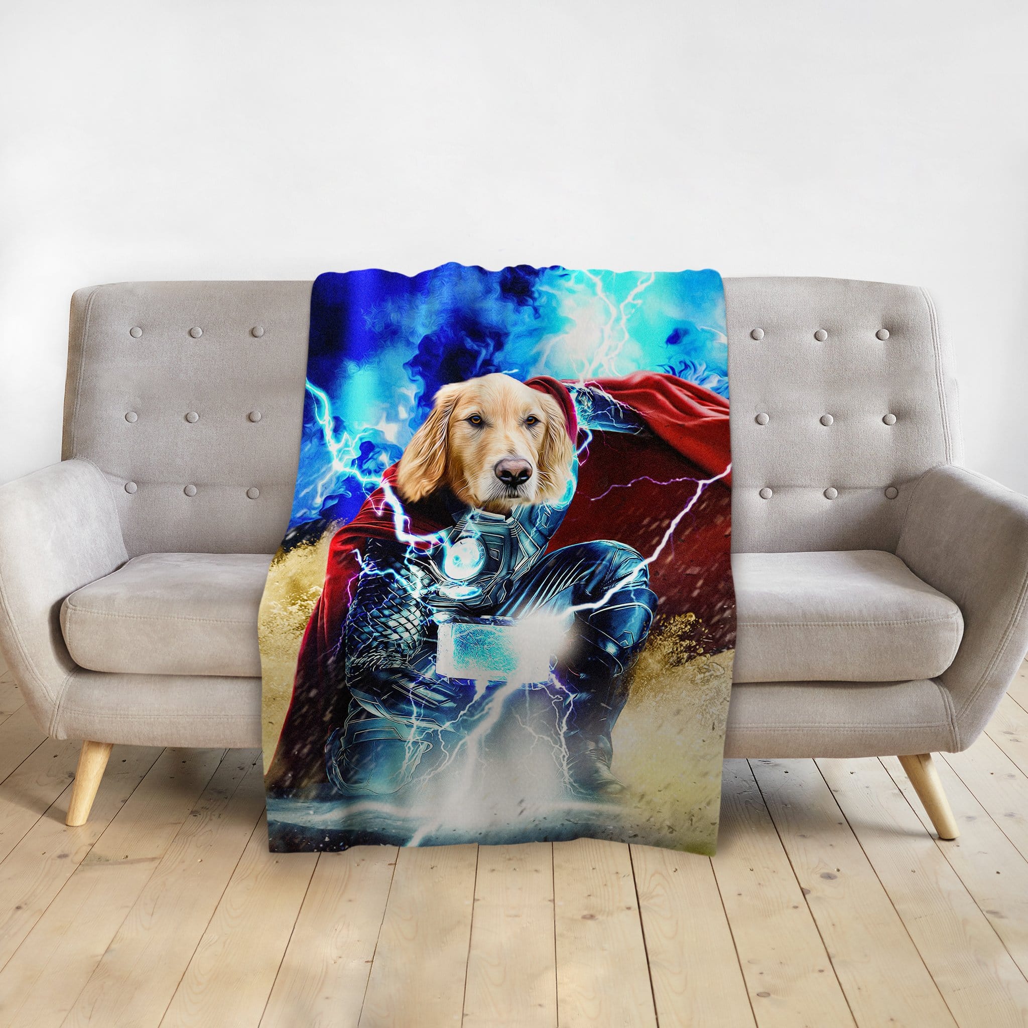 Personalized Thorpaw pet blanket featuring a Golden Retriever dog in a superhero portrait with lightning.