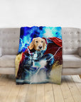 Personalized Thorpaw pet blanket featuring a Golden Retriever dog in a superhero portrait with lightning.
