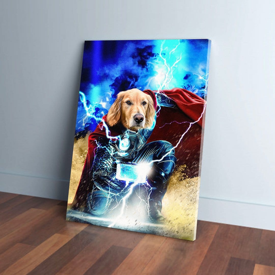 Personalized Thorpaw pet canvas featuring a golden retriever as Thor with lightning.
