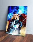 Personalized Thorpaw pet canvas featuring a golden retriever as Thor with lightning.
