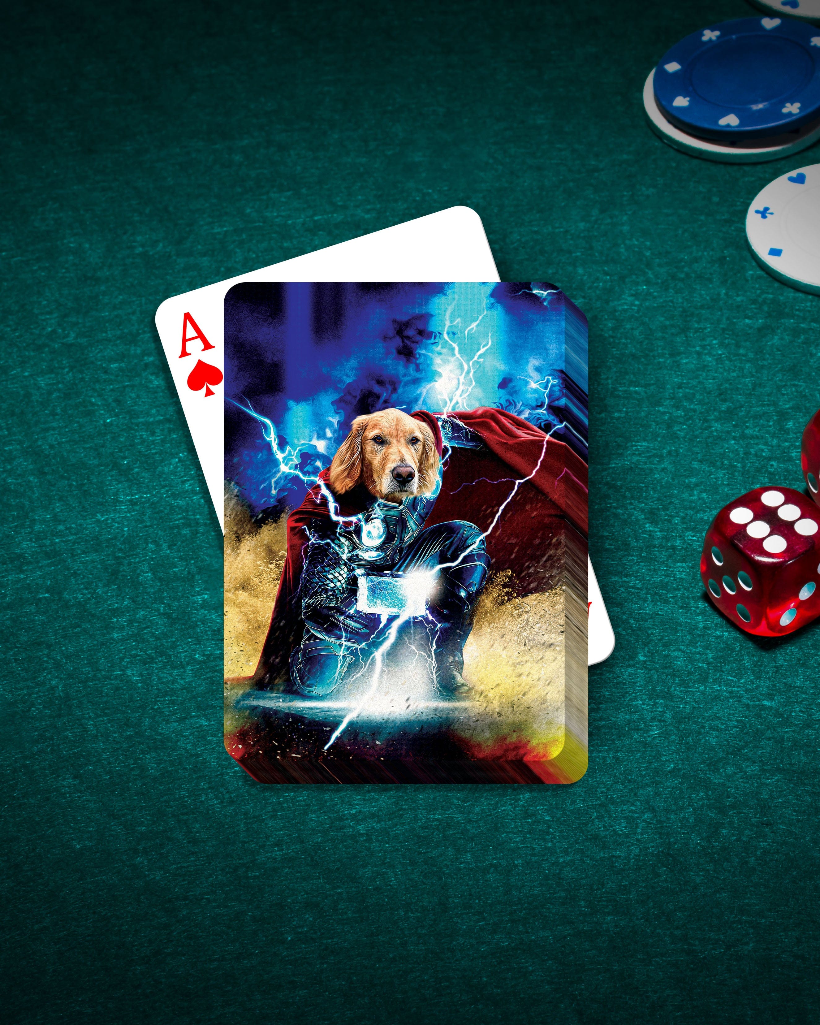 Personalized pet playing card featuring a golden retriever dog as Thor, with lightning effects.