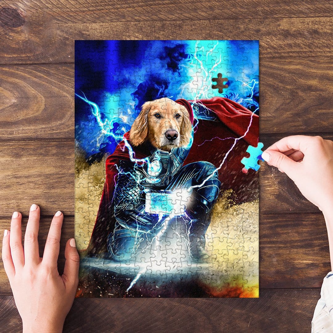 Personalized 'Thorpaw' pet puzzle featuring a golden retriever in a superhero costume with lightning.