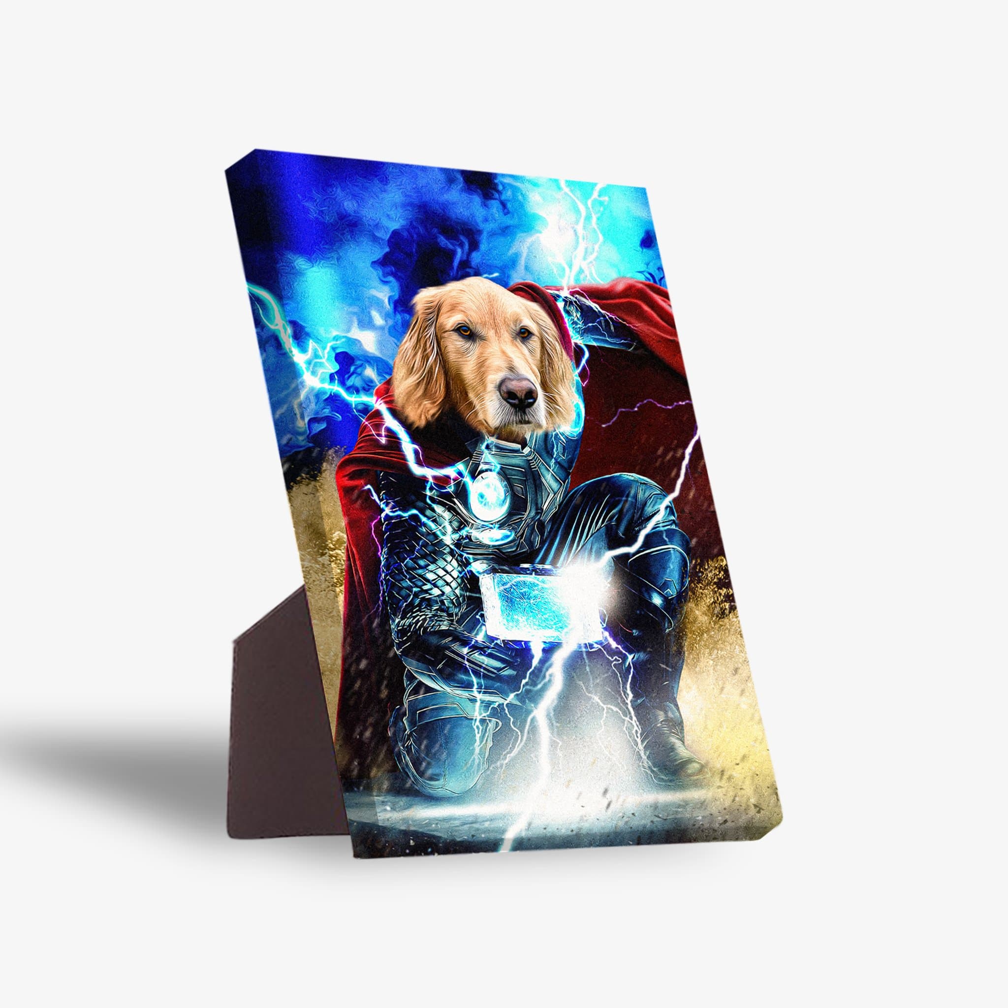 Personalized 'Thorpaw' standing canvas featuring a golden retriever's head on a Thor-like body with lightning.