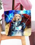 Personalized Thorpaw tote bag featuring a Golden Retriever dog portrait as a superhero with lightning.