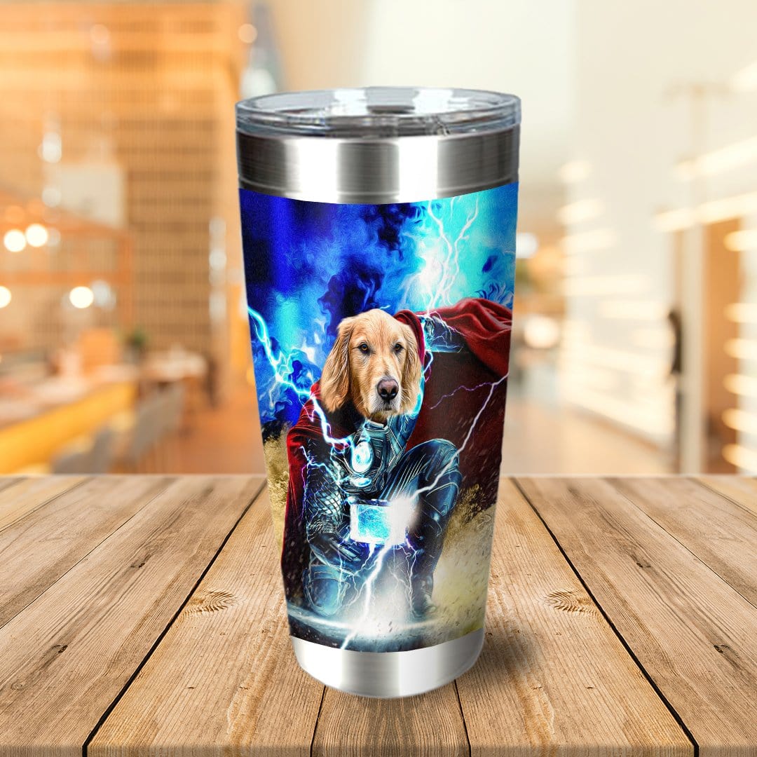 Personalized stainless steel tumbler featuring a golden retriever pet portrait as Thor with lightning.